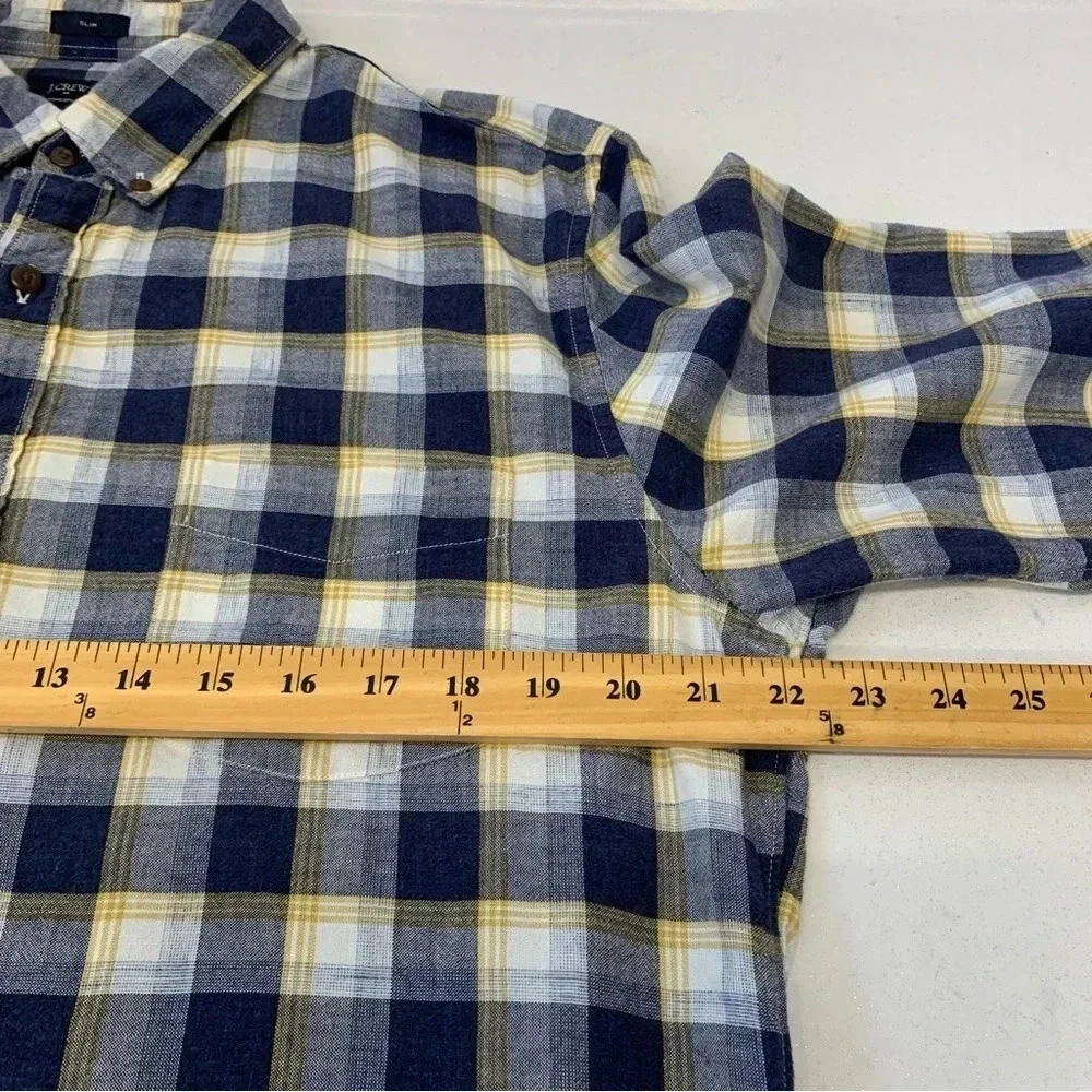 J Crew Shirt Men XL Slim Blue Plaid Homespun Cotton Long Sleeve Casual Workwear